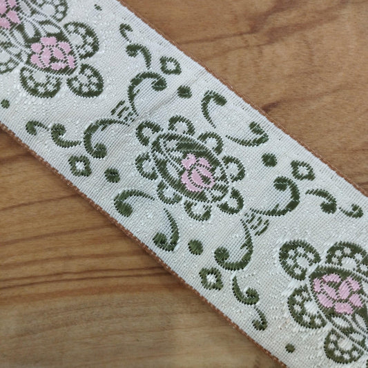 Gallone panna con disegni damascati rosa/verde - Merceria Rispoli