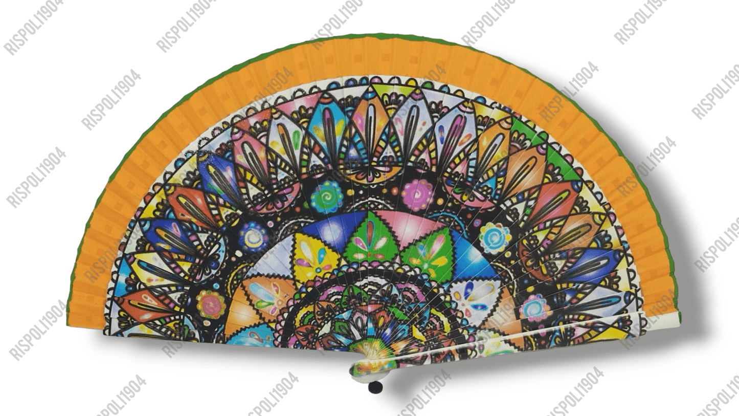 Ventaglio in legno stampa digitale disegni mandala. Apertura 42 cm. #6024-4 - Merceria Rispoli