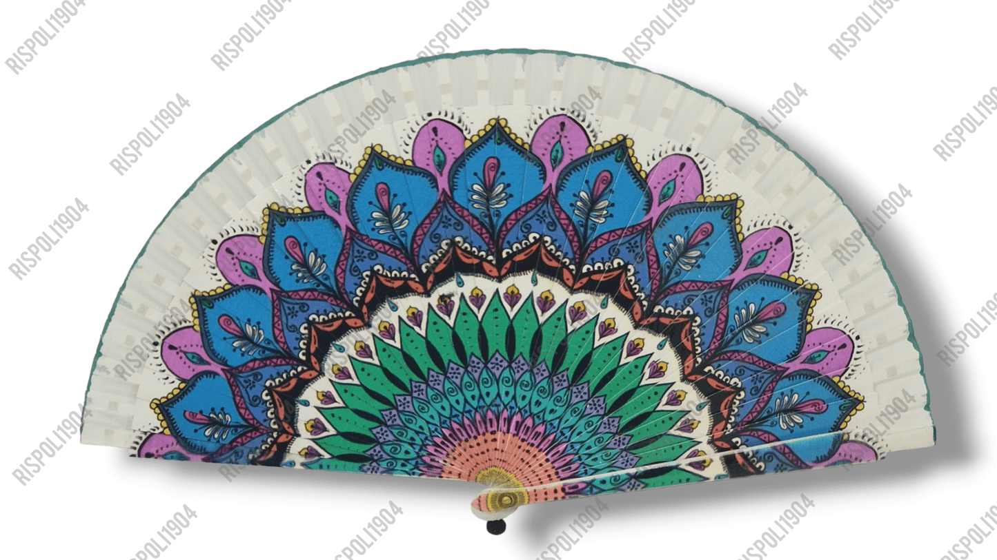 Ventaglio in legno stampa digitale disegni mandala. Apertura 42 cm. #6024-5 - Merceria Rispoli