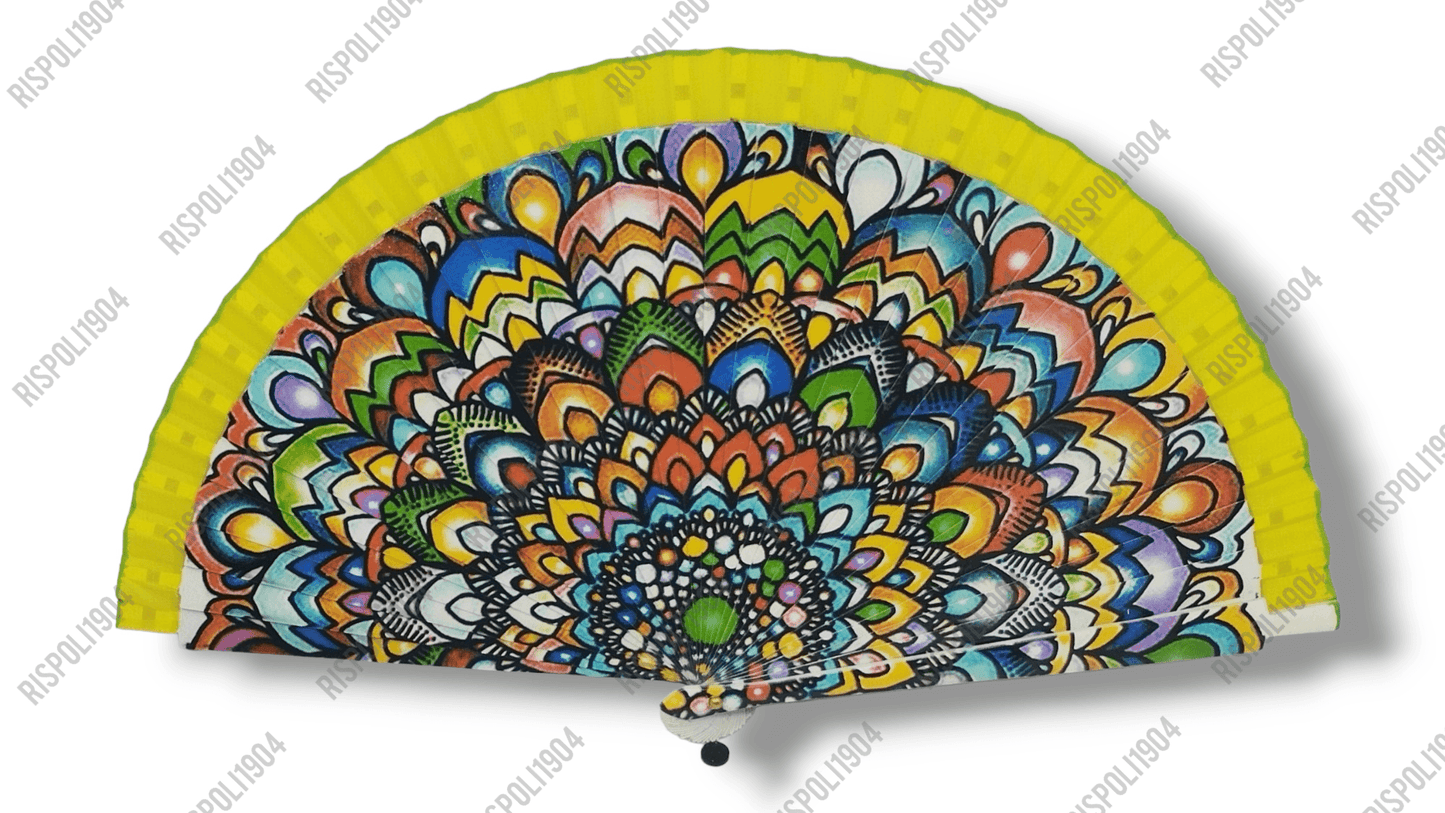 Ventaglio in legno stampa digitale disegni mandala. Apertura 42 cm. #6024-2 - Merceria Rispoli
