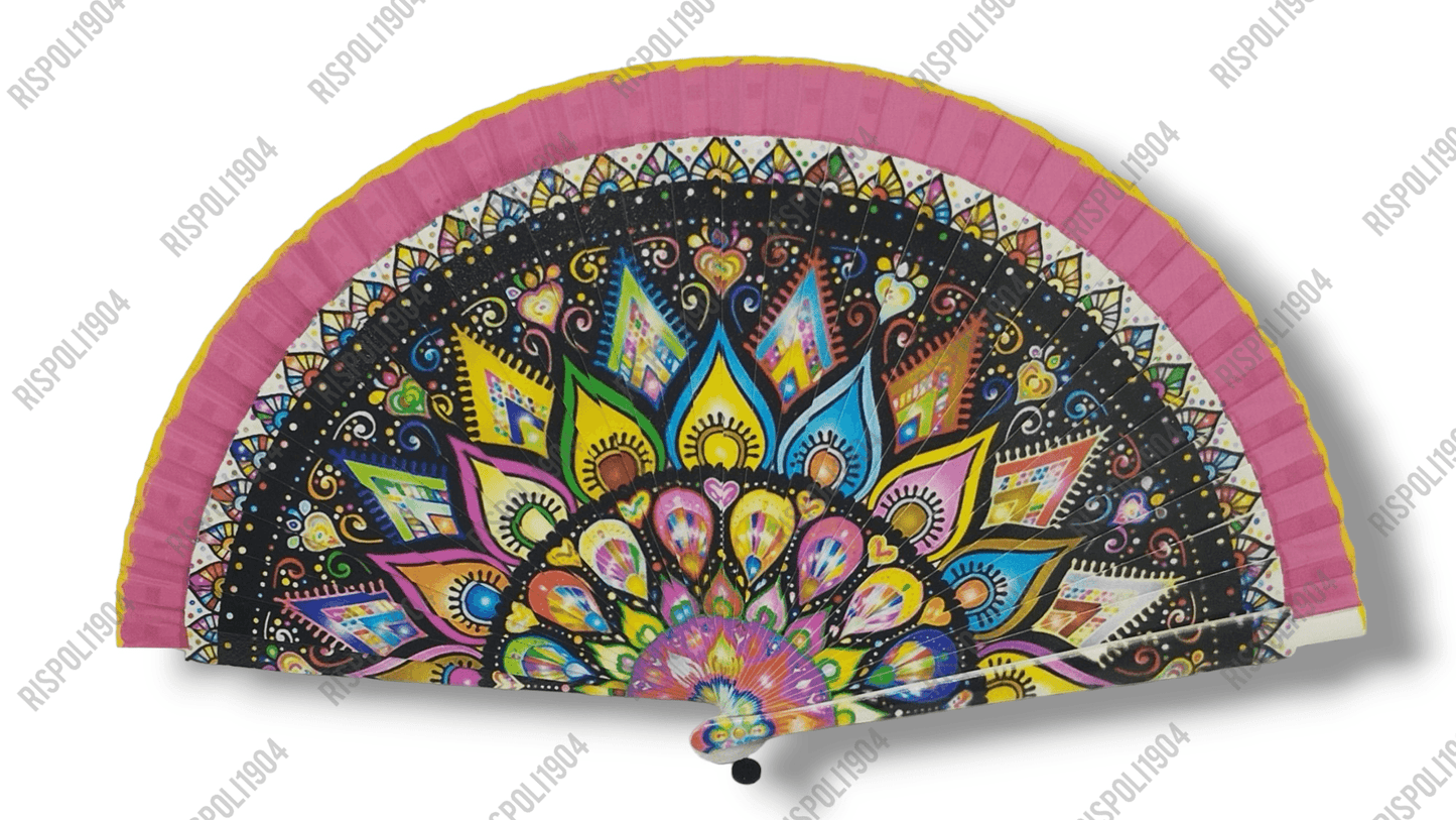 Ventaglio in legno stampa digitale disegni mandala. Apertura 42 cm. #6024-3 - Merceria Rispoli