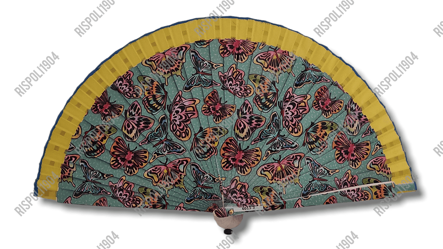 Ventaglio in legno con farfalle a stampa digitale. Apertura 42 cm. #6013-3 - Merceria Rispoli