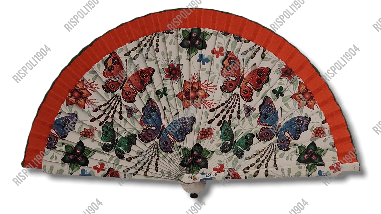Ventaglio in legno con farfalle a stampa digitale. Apertura 42 cm. #6013-5 - Merceria Rispoli