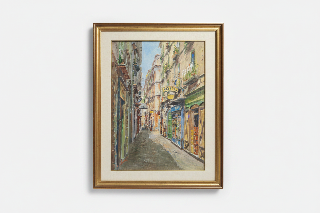 Via delle Botteghelle, Salerno — olio su tela di Luciano Valeriani
