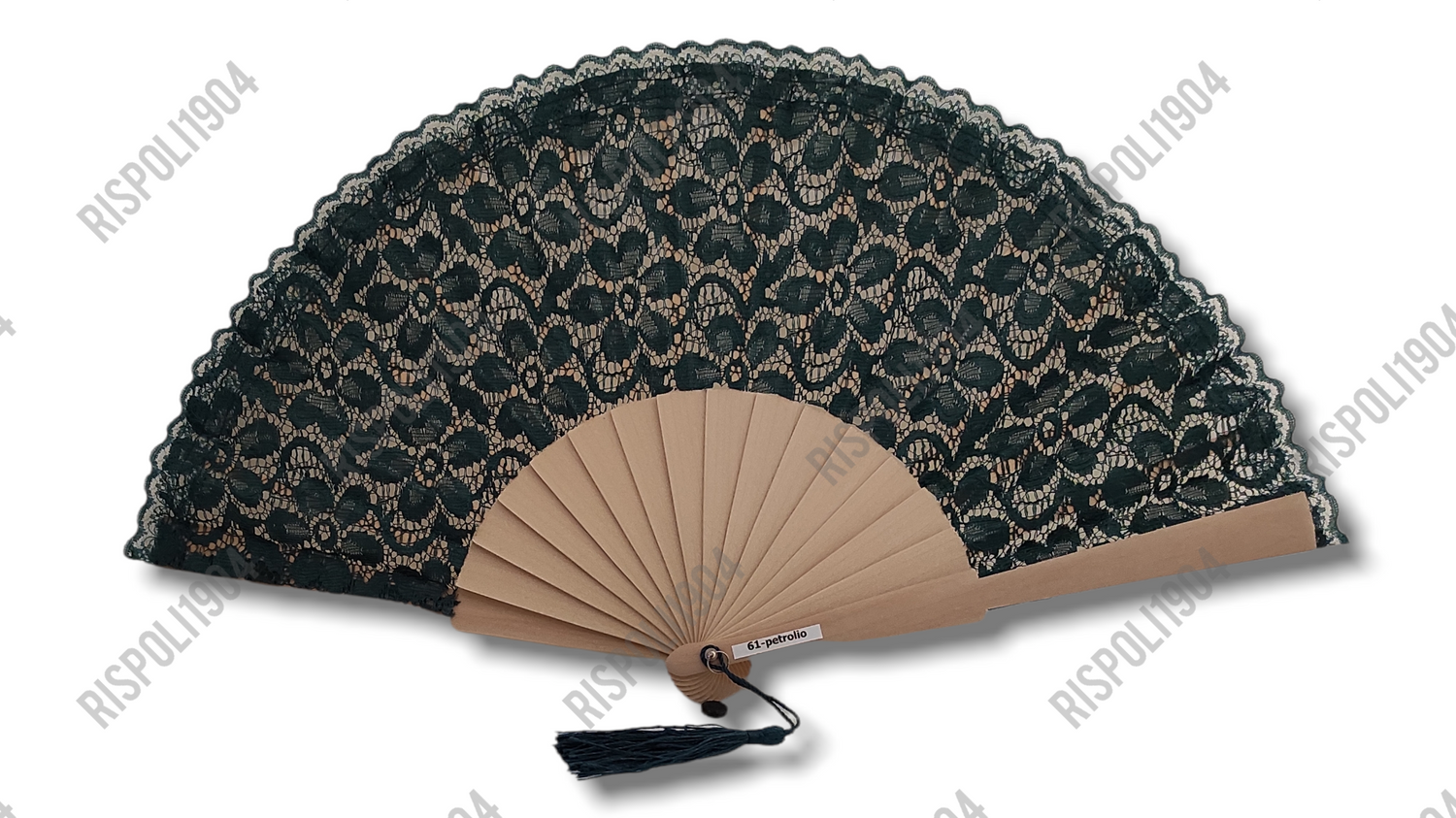 Ventaglio in pizzo leggero e manico in legno naturale. Apertura 45 cm - #61-petrolio – bijoux artigianali Merceria Rispoli