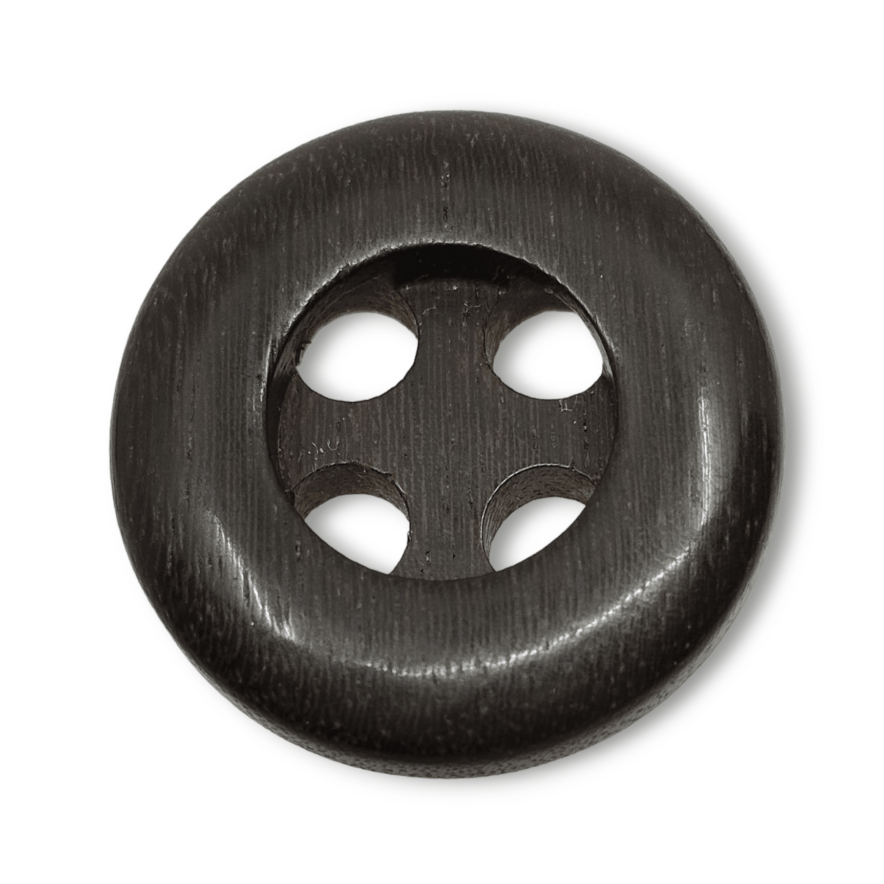 Bottone in legno tonalità scura, bordo largo, 4 maxi fori - Merceria Rispoli