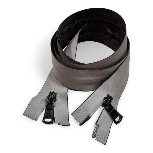 Chiusura lampo divisibile impermeabile grigio riflettente/nero doppio cursore