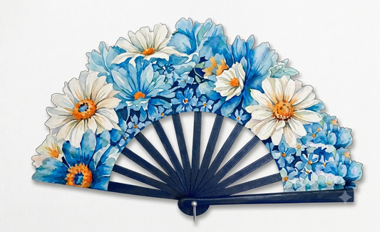 Ventaglio in legno e seta – Margherite bianche e blu
