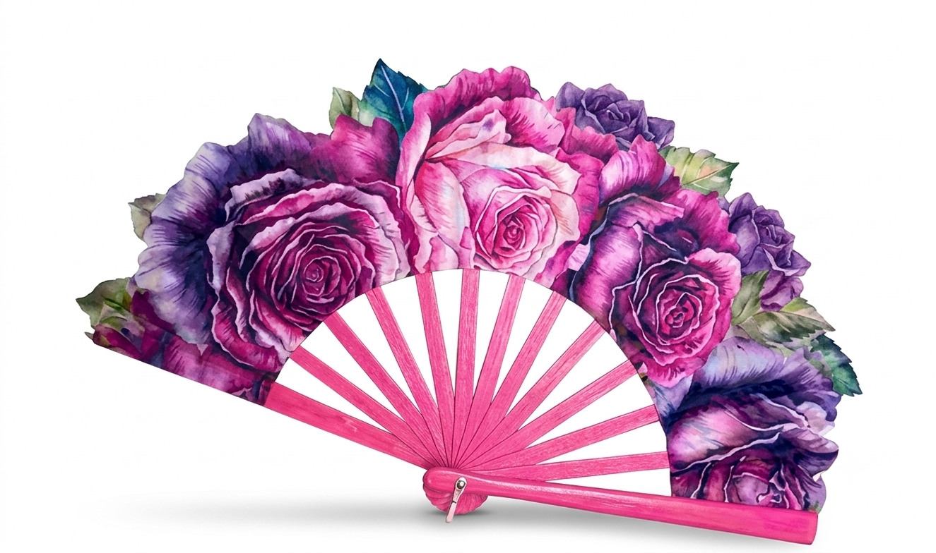 Ventaglio in legno e seta – Rose rosa e viola