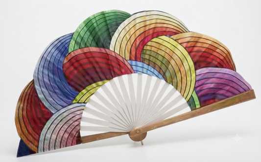 Ventaglio in legno e seta – Spirali arcobaleno