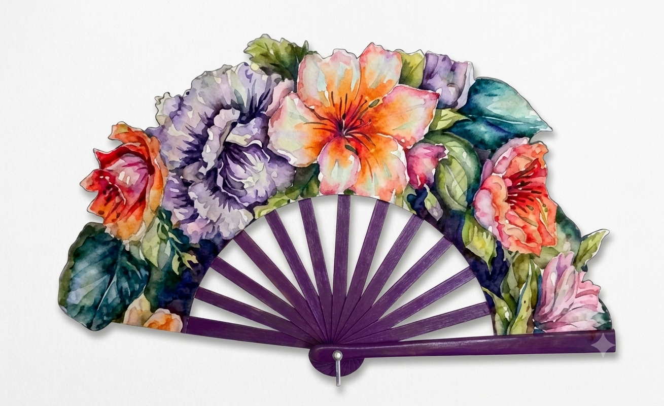 Ventaglio in legno e seta – Fiori misti acquerello