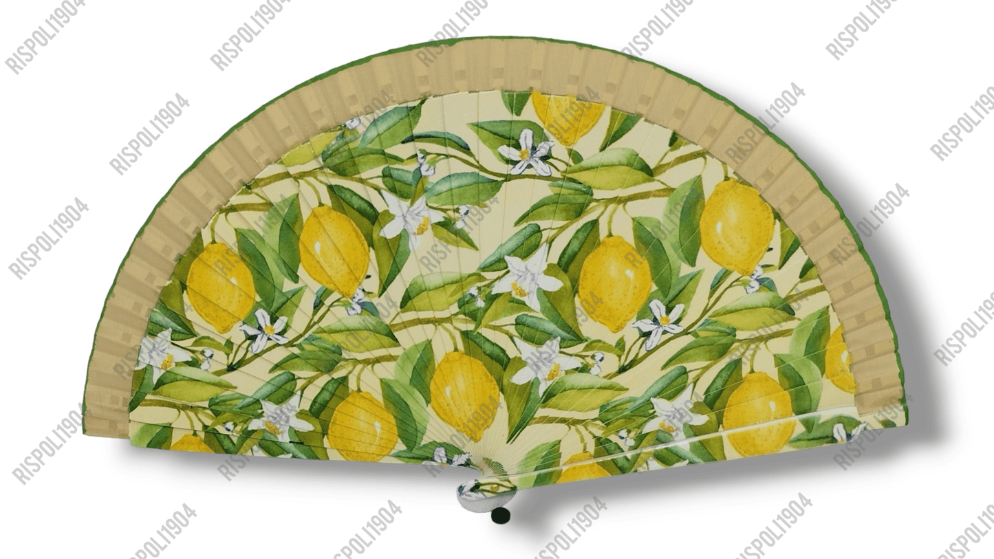 Ventaglio in legno stampa digitale con agrumi, limoni, arance, foglie. Apertura 42 cm. #6003-5 - Merceria Rispoli