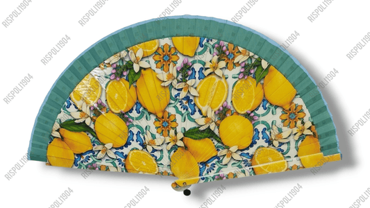 Ventaglio in legno stampa digitale con agrumi, limoni, arance, foglie. Apertura 42 cm. #6003-6 - Merceria Rispoli