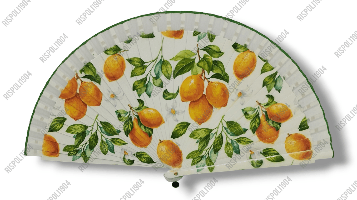 Ventaglio in legno stampa digitale con agrumi, limoni, arance, foglie. Apertura 42 cm. #6003-1 - Merceria Rispoli
