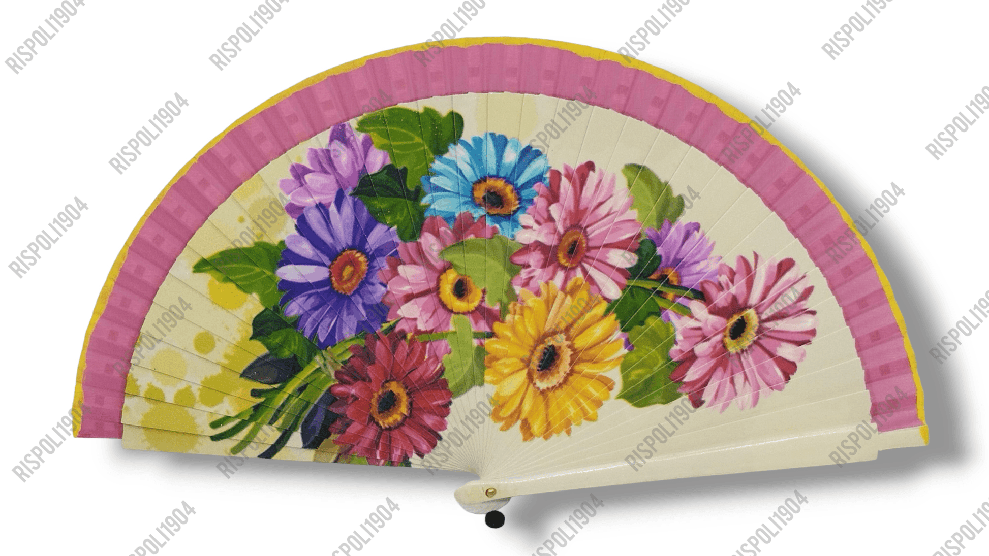 Ventaglio in legno stampa digitale con fiori di vari colori. Apertura 42 cm. #6025-3 - Merceria Rispoli