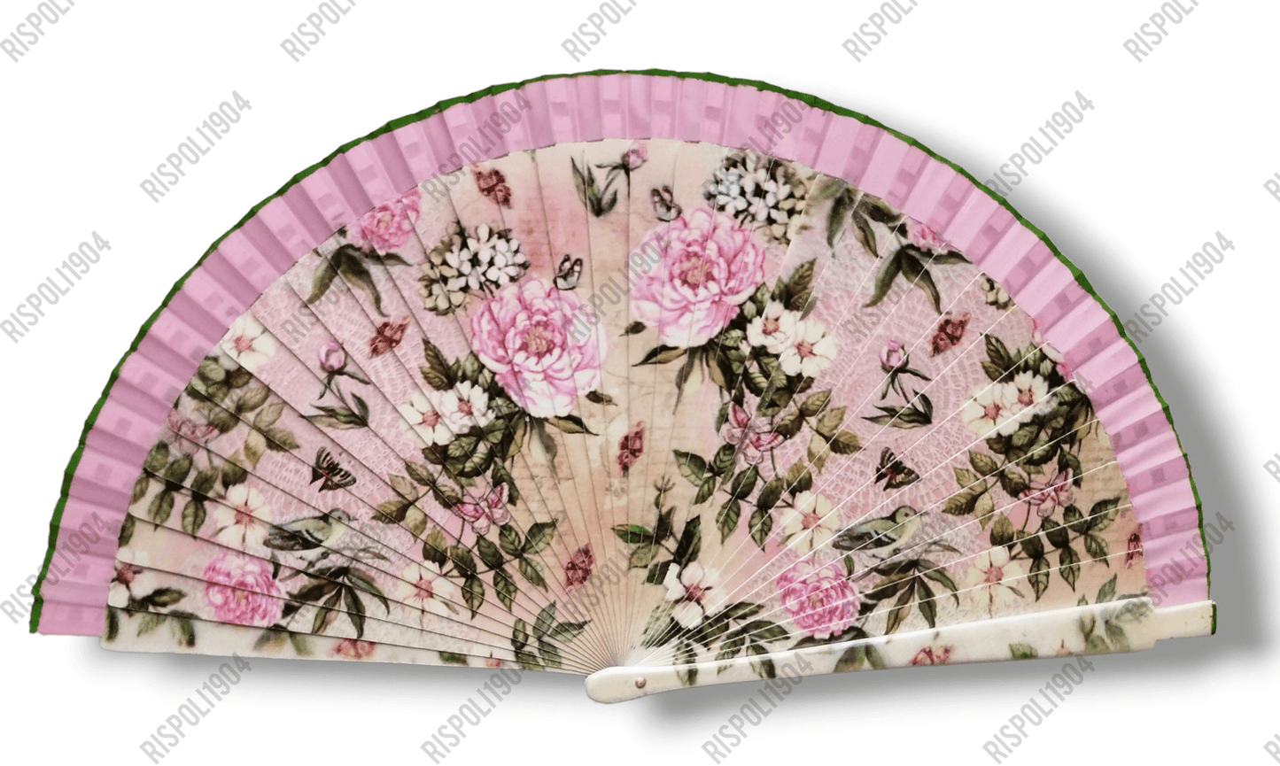 Ventaglio in legno stampa digitale tema floreale. Apertura 42 cm. #6012-2 - Merceria Rispoli