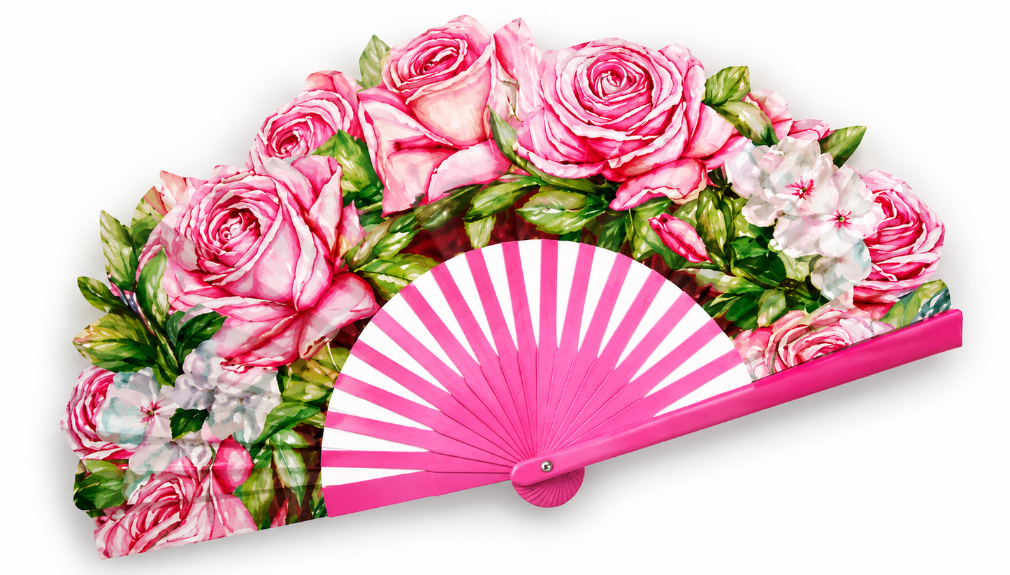 Ventaglio in legno e seta – Rose rosa tenue | Personalizzabile con incisione laser