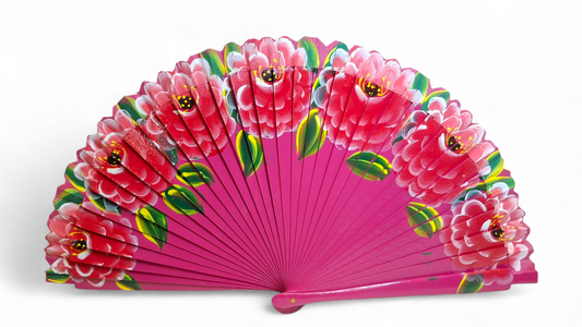Ventaglio in legno con rose intagliate, dipinto a mano. Rosso/fucsia. Apertura 42 cm. #1105/5 – bijoux artigianali Merceria R