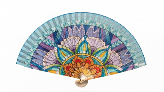 Ventaglio spagnolo in legno con mandala fiore di loto azzurro e viola, apertura 42 cm - Merceria Rispoli