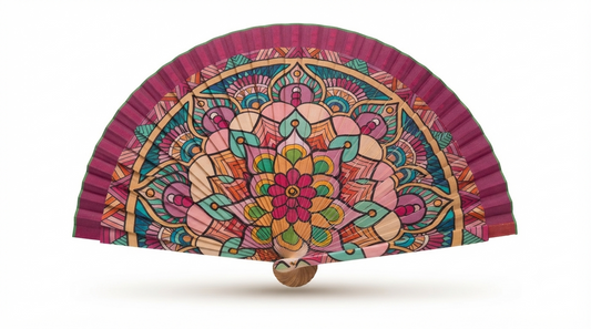 Ventaglio spagnolo in legno con mandala fucsia e turchese, apertura 42 cm - Merceria Rispoli