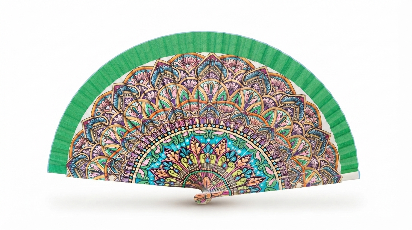 Ventaglio spagnolo in legno con mandala verde e rosa multicolore, apertura 42 cm - Merceria Rispoli
