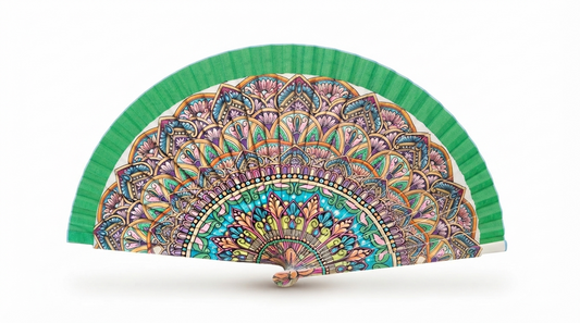 Ventaglio spagnolo in legno con mandala verde e rosa multicolore, apertura 42 cm - Merceria Rispoli