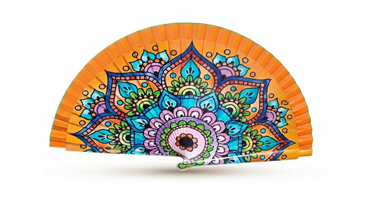Ventaglio spagnolo in legno con mandala arancione multicolore, apertura 42 cm - Merceria Rispoli