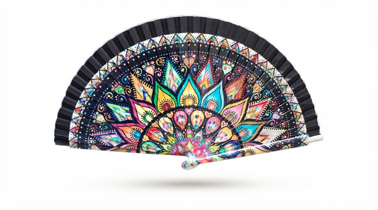 Ventaglio spagnolo in legno con mandala nero multicolore, apertura 42 cm - Merceria Rispoli