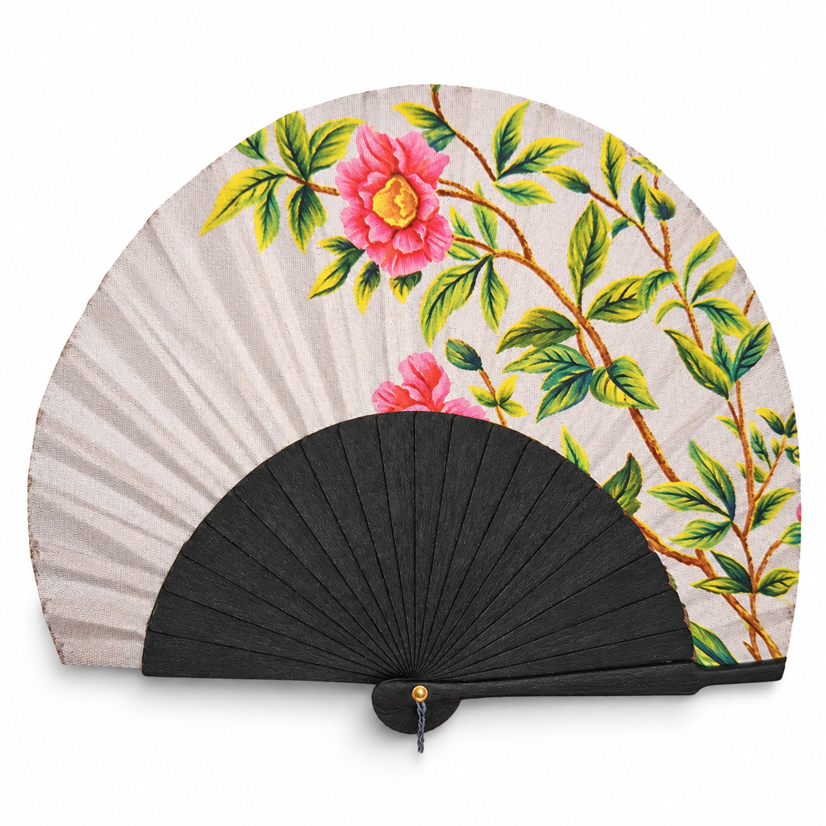 Ventaglio ovale in legno e seta dipinto a mano con rami fioriti rosa su fondo bianco perla, stecche nere — Merceria Rispoli 1904