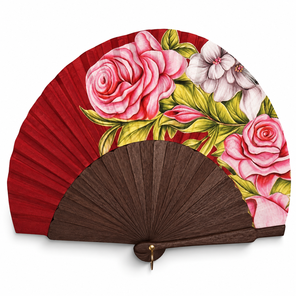 Ventaglio ovale in legno e seta dipinto a mano con rose rosa e fiori bianchi su fondo rosso, stecche scure — Merceria Rispoli 1904