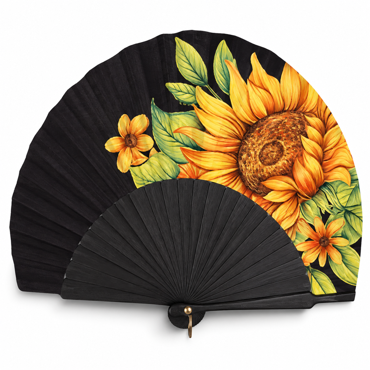 Ventaglio ovale in legno e seta dipinto a mano con girasoli su fondo nero, stecche nere — Merceria Rispoli 1904