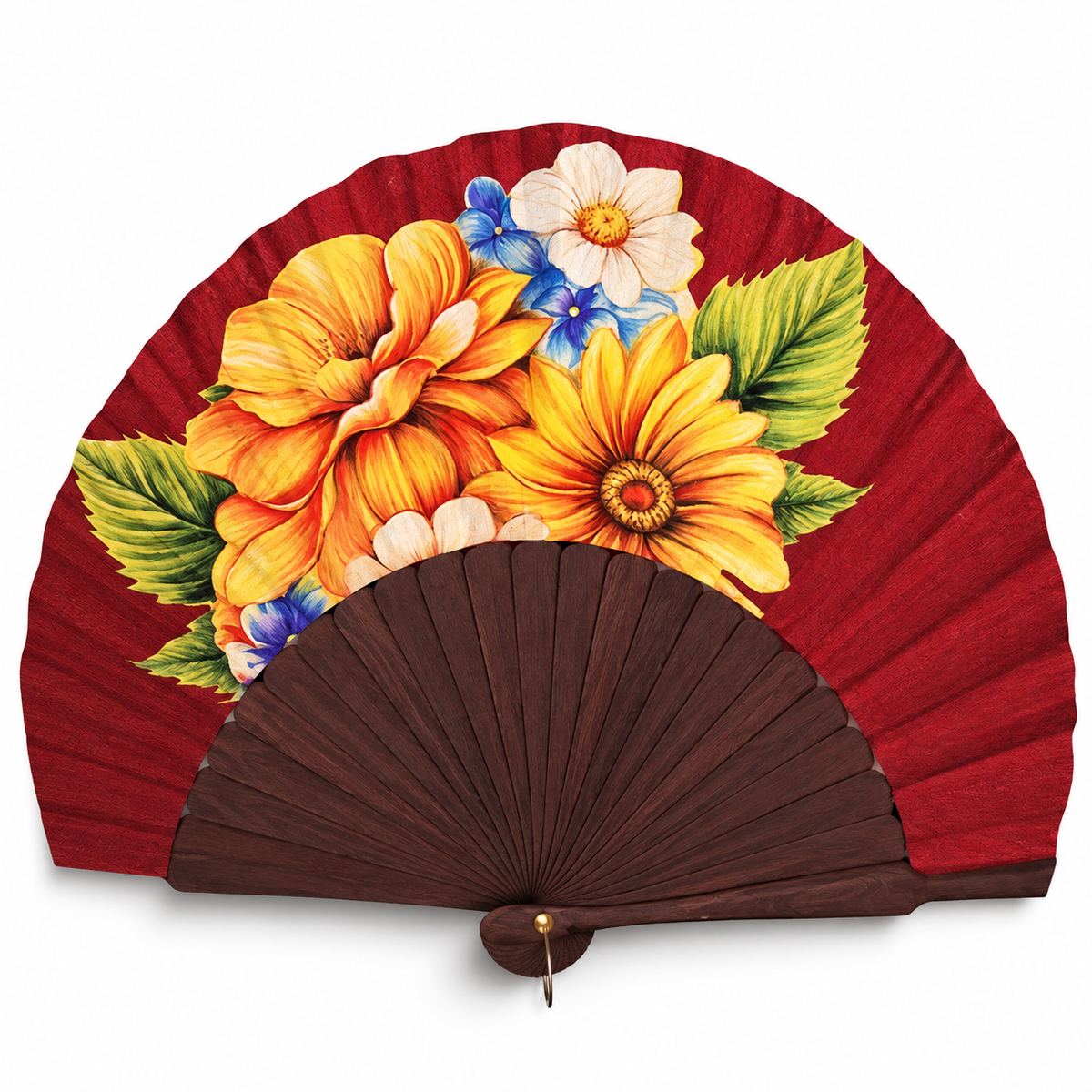 Ventaglio ovale in legno e seta dipinto a mano con un mazzo di fiori gialli, arancio e blu su fondo rosso, stecche scure — Merceria Rispoli 1904