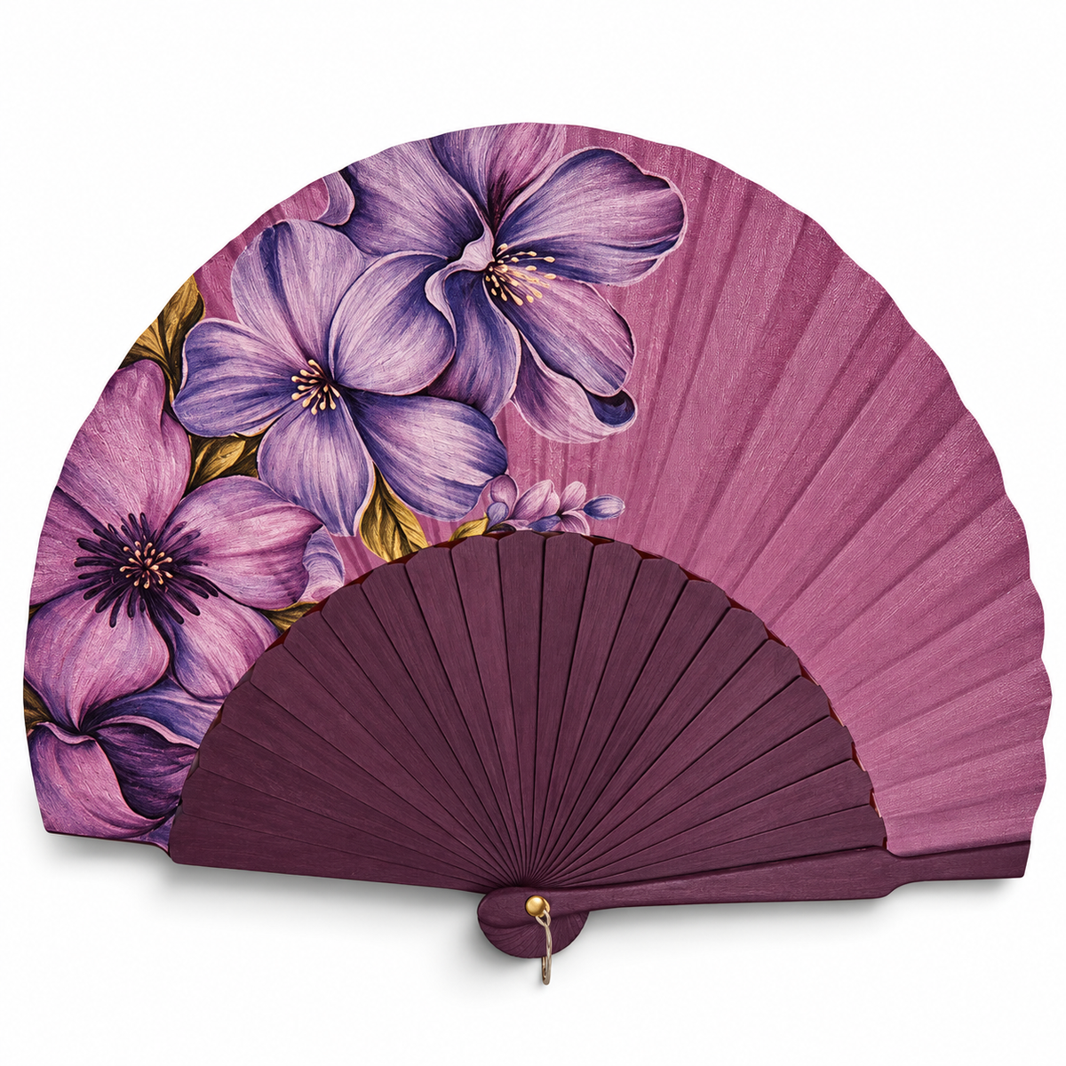 Ventaglio ovale in legno e seta dipinto a mano con fiori viola su fondo malva, stecche prugna — Merceria Rispoli 1904