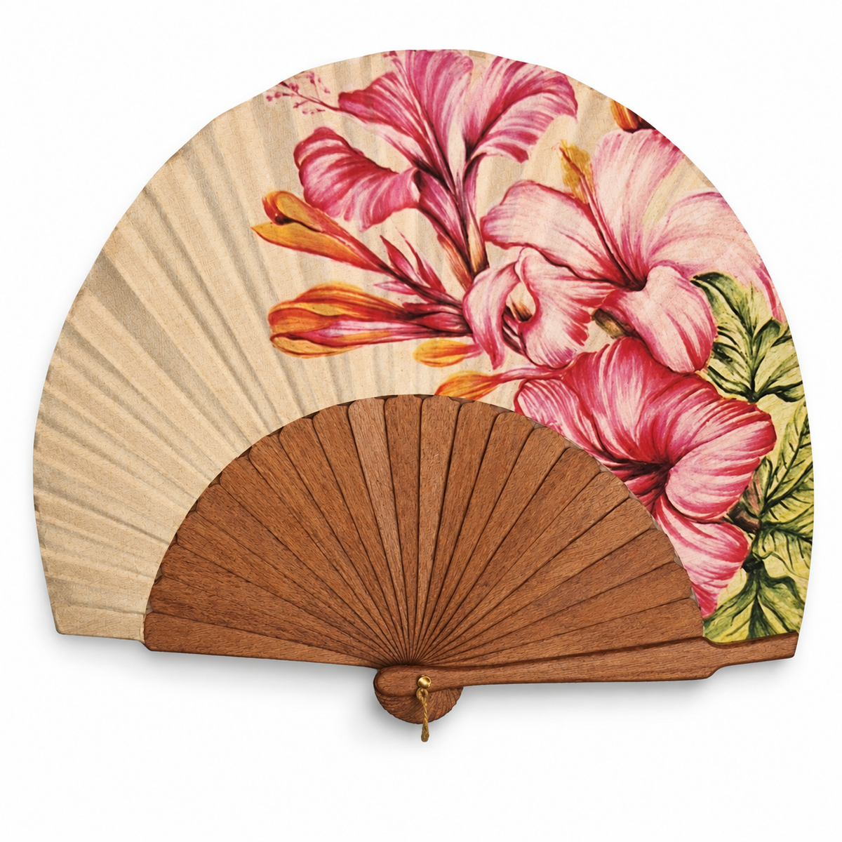 Ventaglio ovale in legno e seta dipinto a mano con gigli rosa su fondo crema, stecche in legno naturale — Merceria Rispoli 1904