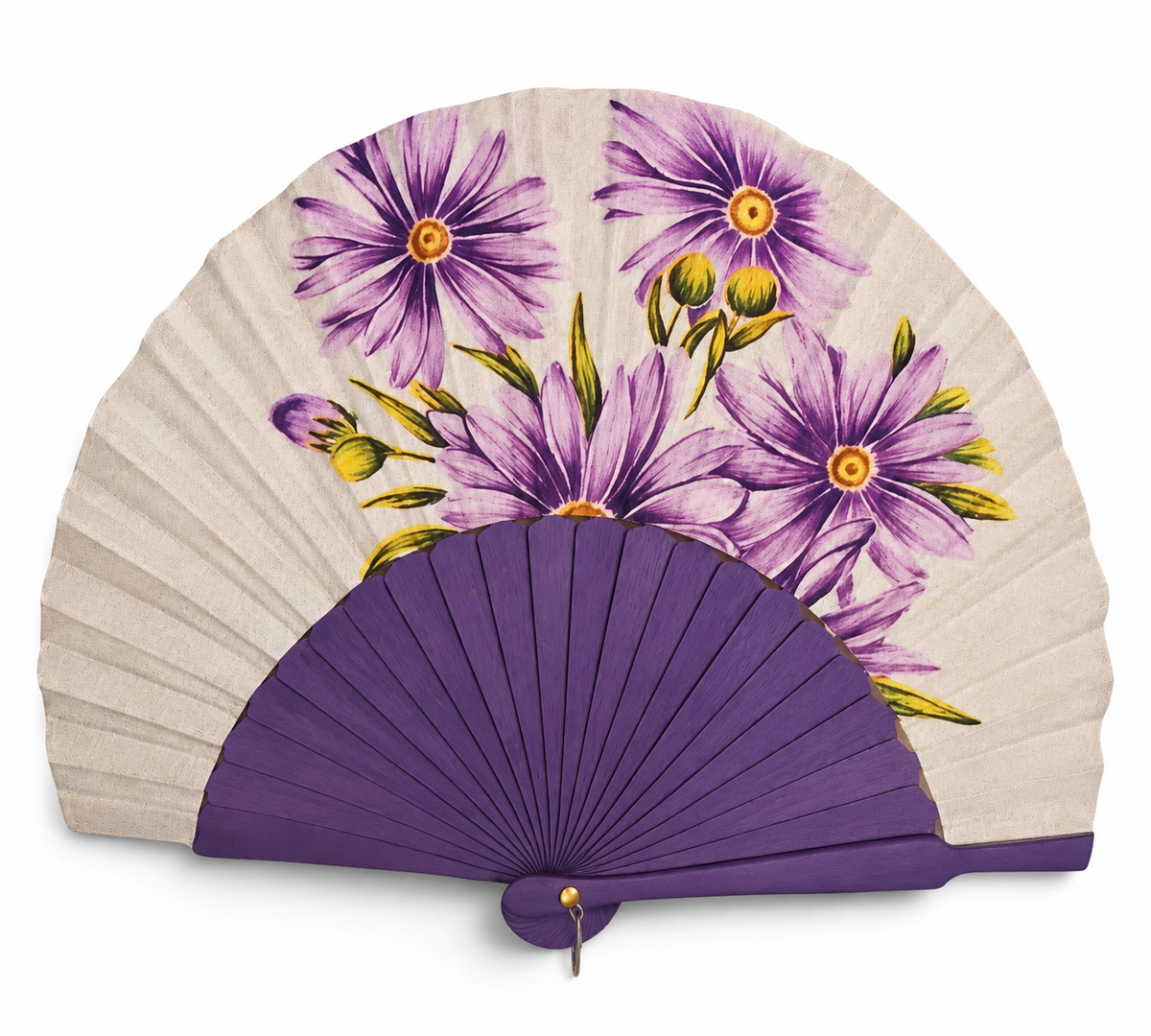 Ventaglio ovale in legno e seta dipinto a mano con astri viola su fondo bianco, stecche viola — Merceria Rispoli 1904