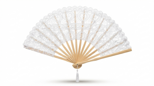 Ventaglio in pizzo bianco a fiori con manico in legno — 50 cm