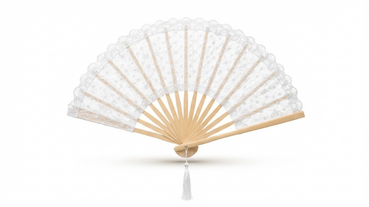 Ventaglio in pizzo bianco a margherite con manico in legno — 50 cm
