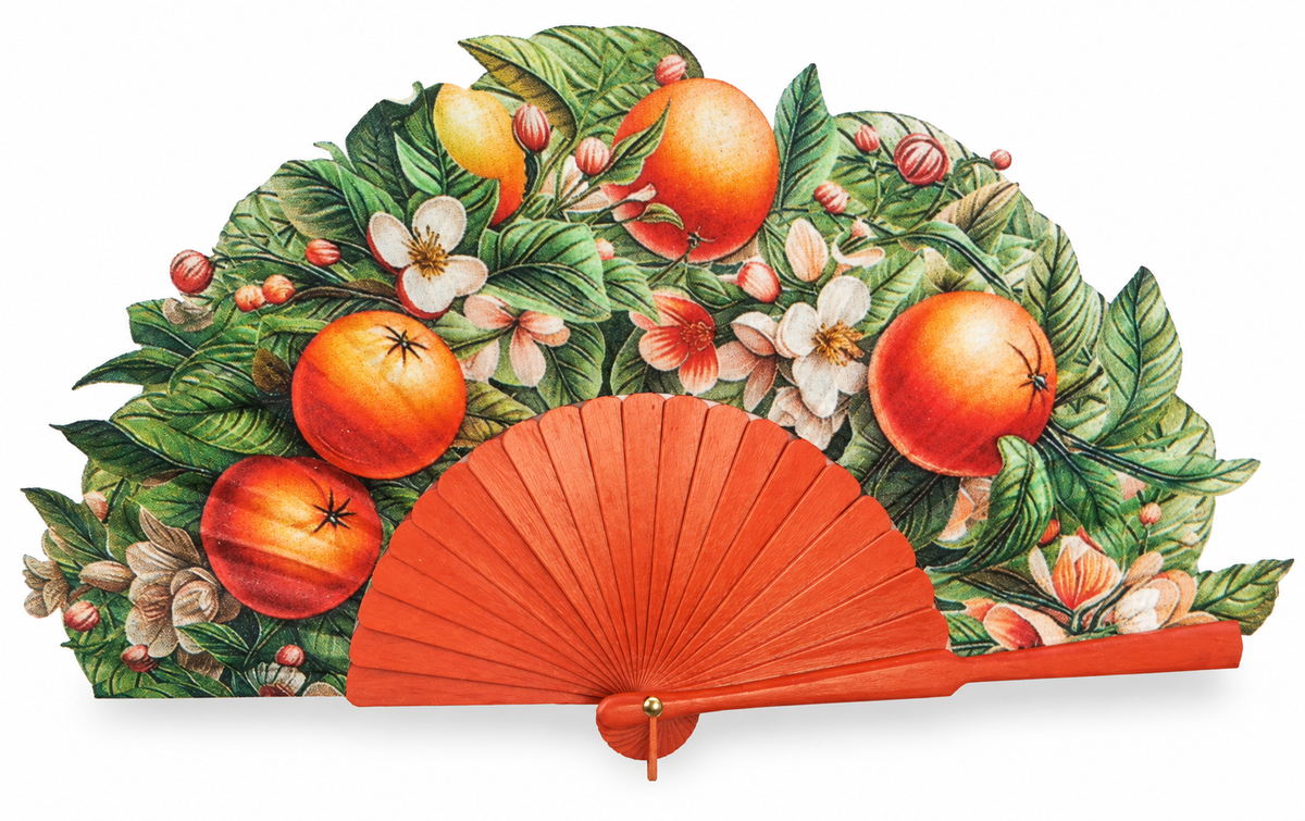 Ventaglio in legno e seta con arance e zagare, stecche arancio piene — Merceria Rispoli 1904