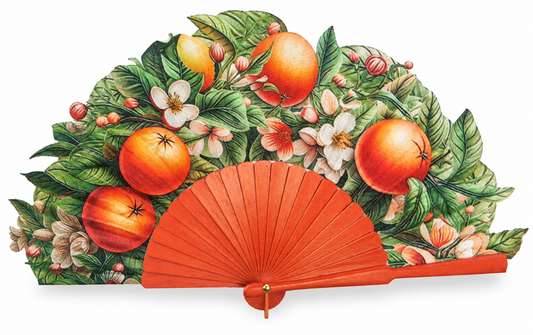 Ventaglio in legno e seta con arance e zagare, stecche arancio piene — Merceria Rispoli 1904