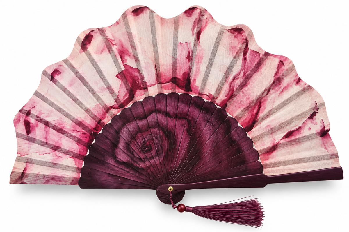 Ventaglio in legno e seta a forma di conchiglia rosa venata di bordeaux, stecche bordeaux — Merceria Rispoli 1904