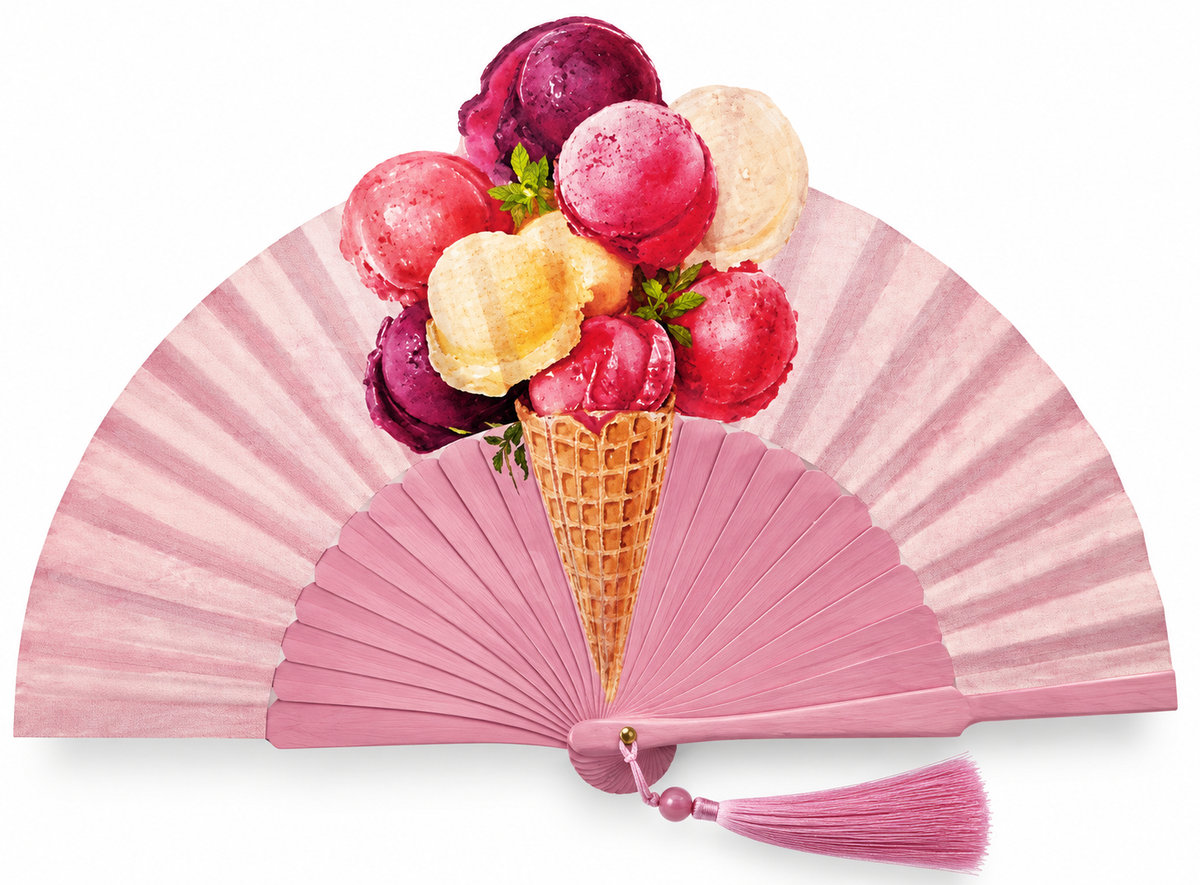 Ventaglio in legno e seta con un cono gelato ai frutti rossi su fondo rosa, stecche rosa — Merceria Rispoli 1904