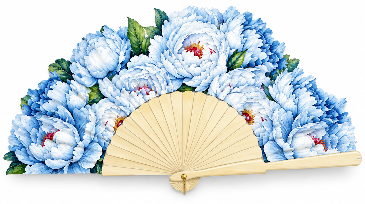 Ventaglio in legno e seta con peonie celesti, stecche in legno chiaro piene — Merceria Rispoli 1904