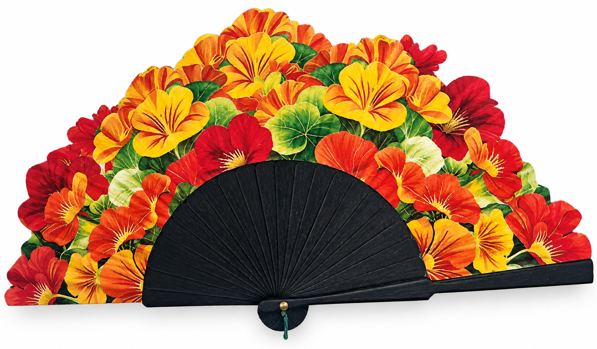 Ventaglio in legno e seta con fiori rossi, arancio e gialli, stecche nere piene — Merceria Rispoli 1904