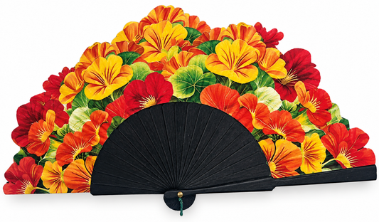 Ventaglio in legno e seta con fiori rossi, arancio e gialli, stecche nere piene — Merceria Rispoli 1904