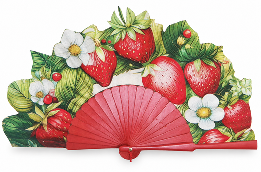 Ventaglio in legno e seta con fragole e fiori bianchi, stecche rosse piene — Merceria Rispoli 1904