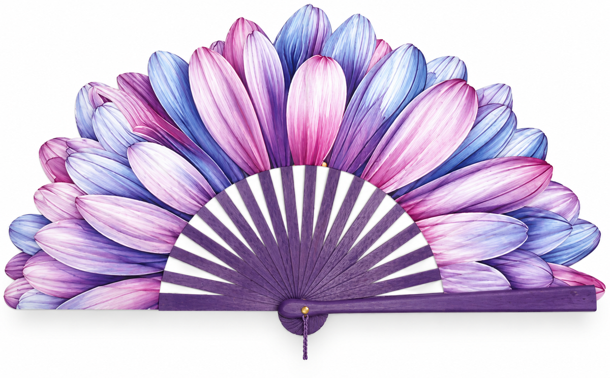 Ventaglio in legno e seta a petali di gerbera lilla, rosa e viola, stecche viola — Merceria Rispoli 1904