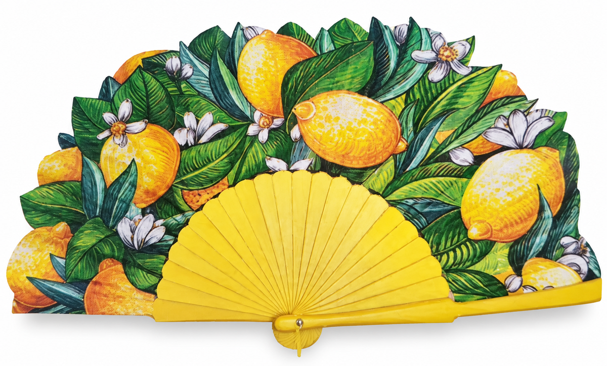 Ventaglio in legno e seta con limoni e fiori bianchi, stecche gialle piene — Merceria Rispoli 1904