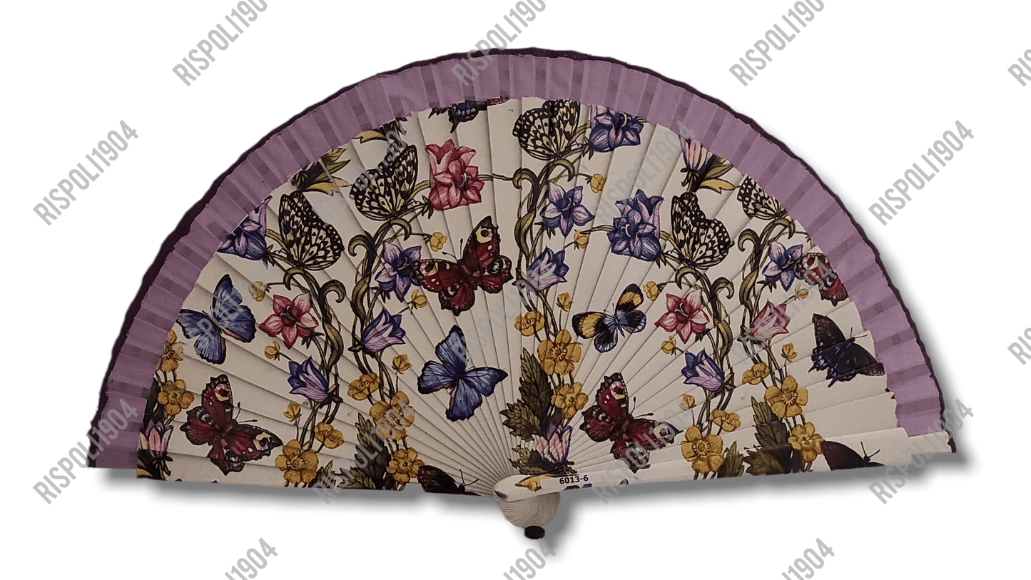 Ventaglio in legno con farfalle a stampa digitale. Apertura 42 cm. #6013-6 - Merceria Rispoli