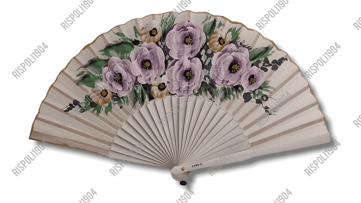 Ventaglio in legno e tessuto con fiori dipinti a mano. Apertura 42 cm. #1103-3 - Merceria Rispoli