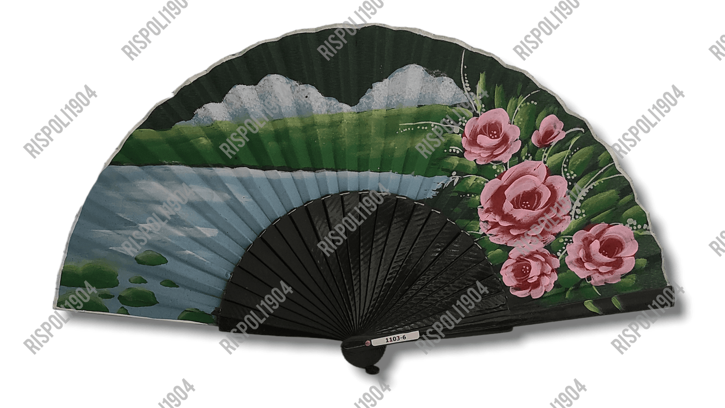 Ventaglio in legno e tessuto con fiori dipinti a mano. Apertura 42 cm. #1103-6 - Merceria Rispoli